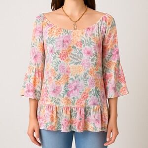 Zac & Rachel Floral Bell Sleeve Blouse Ruffle Hem Boho Peasant Top Womens Size L